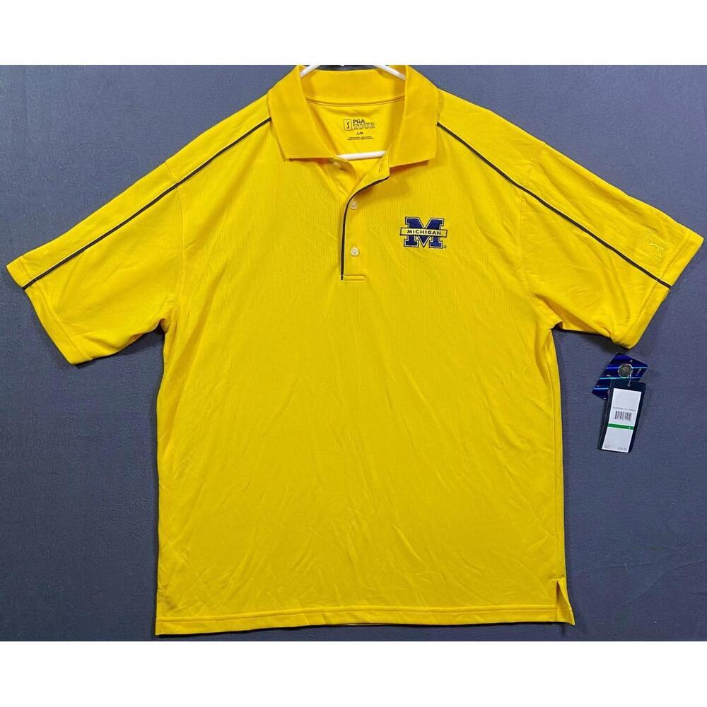 NEW Michigan Wolverines Men's Shirt Size Large Yellow PGA Tour Polo Short Sleeve